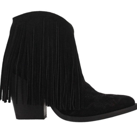 New nwot Dingo Women's Tangles Black Suede Fringe Pointed Toe Bootie 7.5 - Picture 1 of 10